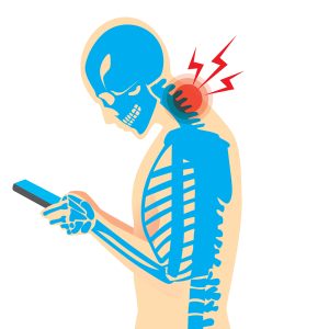 Illustrazione di un uomo con il collo piegato che osserva il cellulare